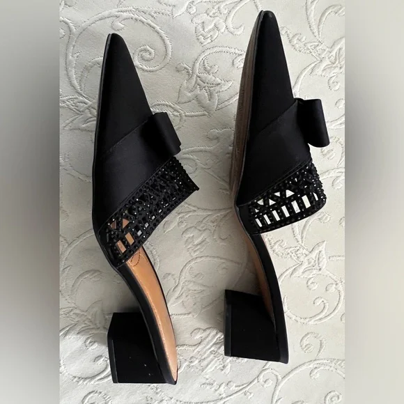 Sleek, Elegant Black Women's Slip On Mules, Low Heels with Bow & Embellishments - Picture 3 of 4